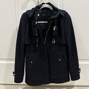 Black Wool Utility Coat with Gold Details
